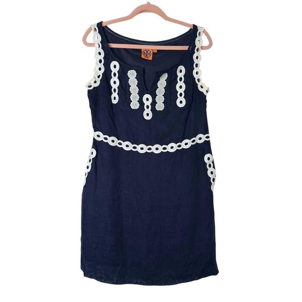 TORY BURCH Linen Dress Navy Blue White Appliqué Eyelet Resort Coastal‎ Chic Sz 6
